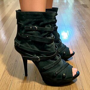 Gunmetal Gray Suede & Leather Strappy Stiletto Ankle Bootie